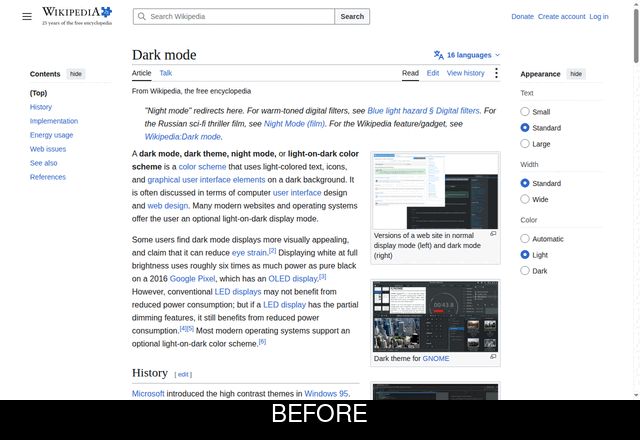 Blackout before and after: a website in light mode, then the same page in dark mode